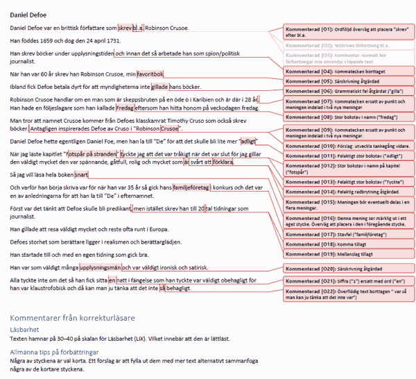 Korrekturläst text med kommentarer